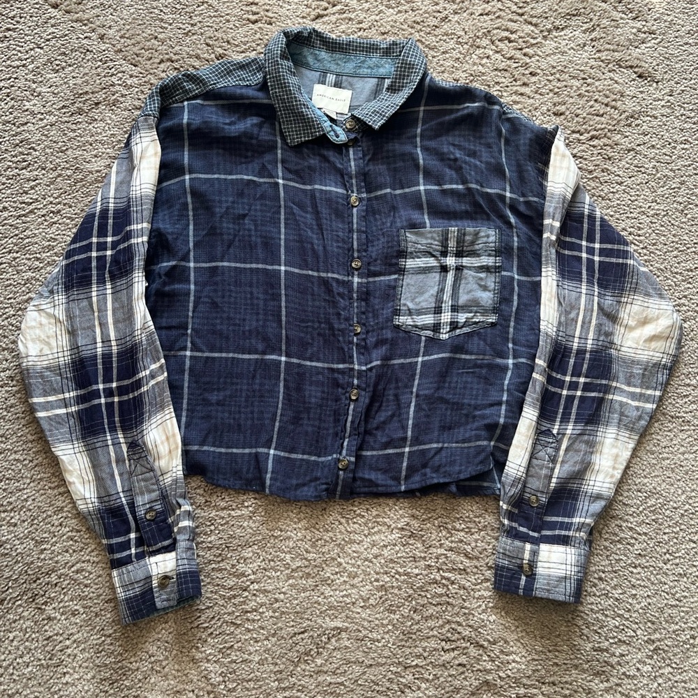 American Eagle Plaid Cropped Button Shirt Womens XL